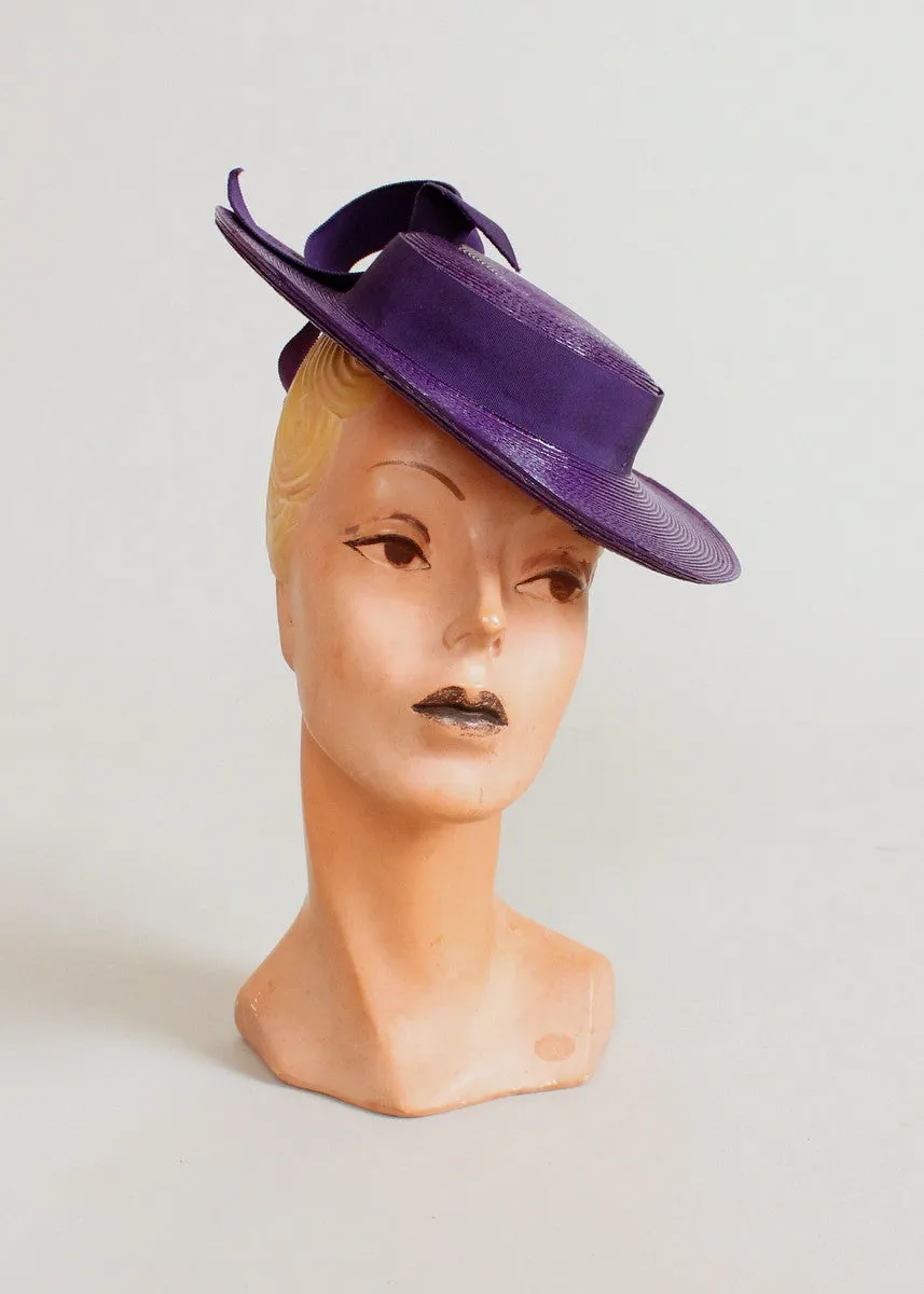 Vintage 1940s Purple Straw Tilt Hat