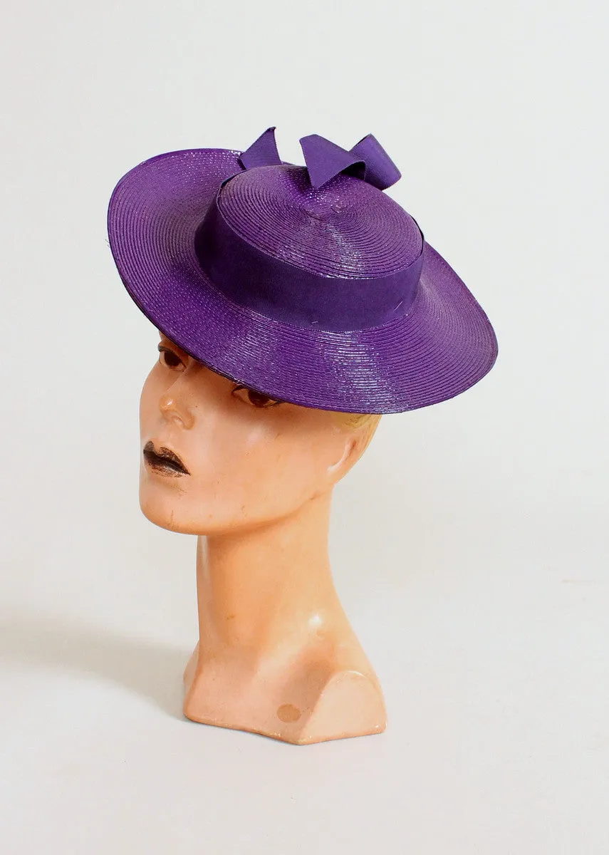 Vintage 1940s Purple Straw Tilt Hat