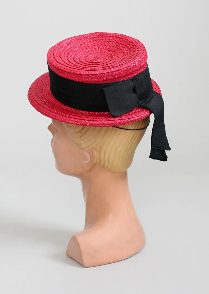 Vintage 1940s Red Straw Boater Hat