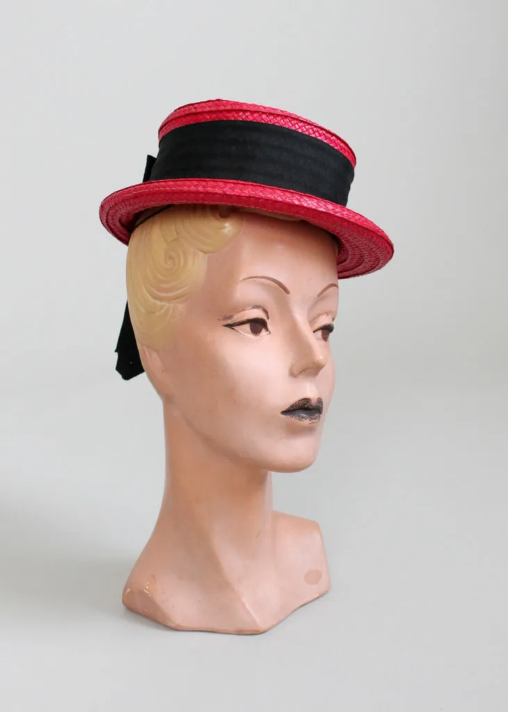 Vintage 1940s Red Straw Boater Hat