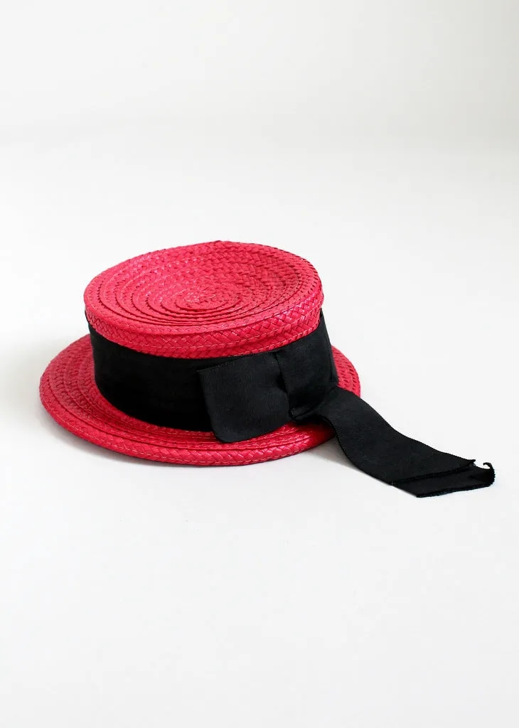 Vintage 1940s Red Straw Boater Hat