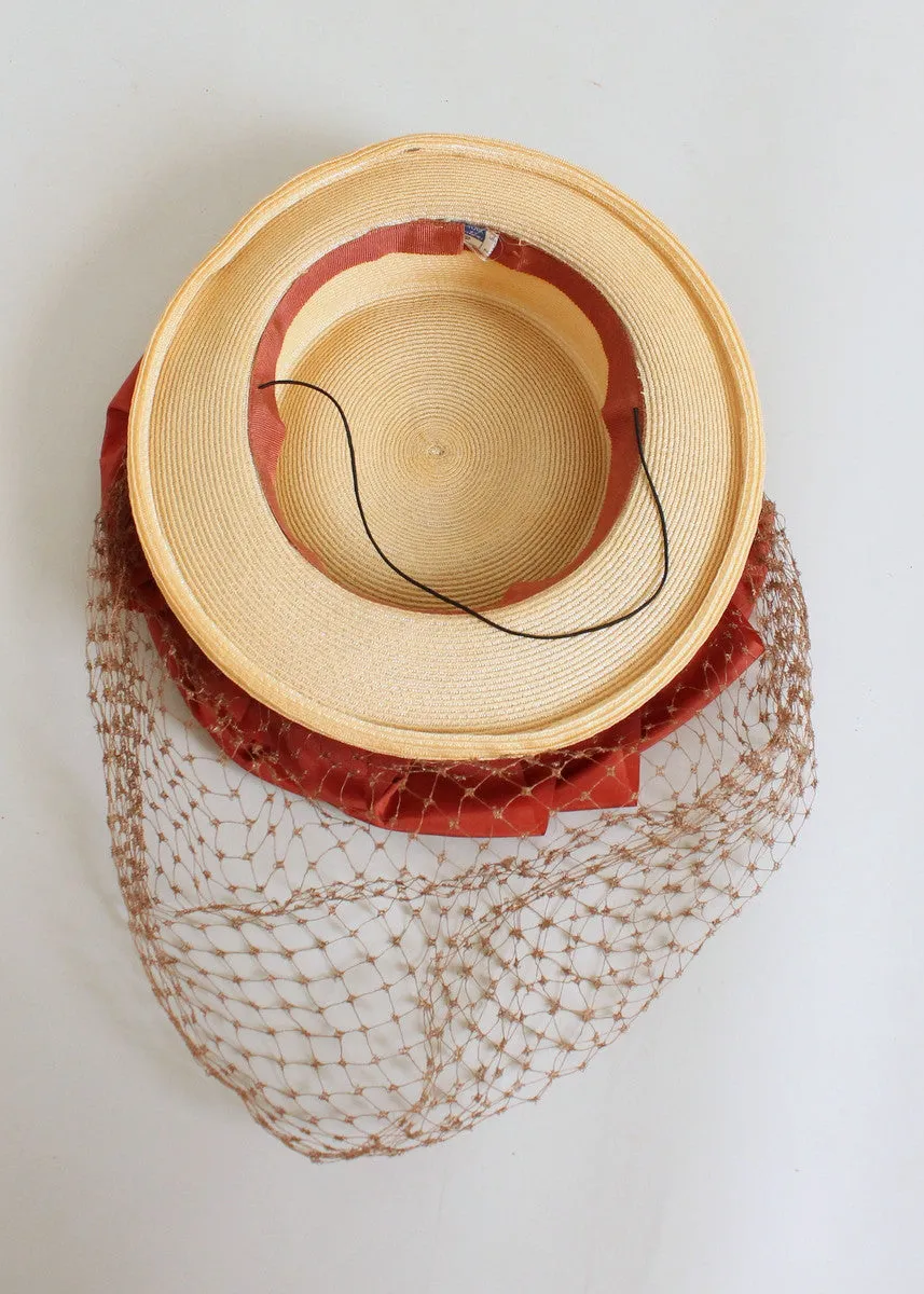 Vintage 1940s Straw Boater Hat with Bows and Face Veil