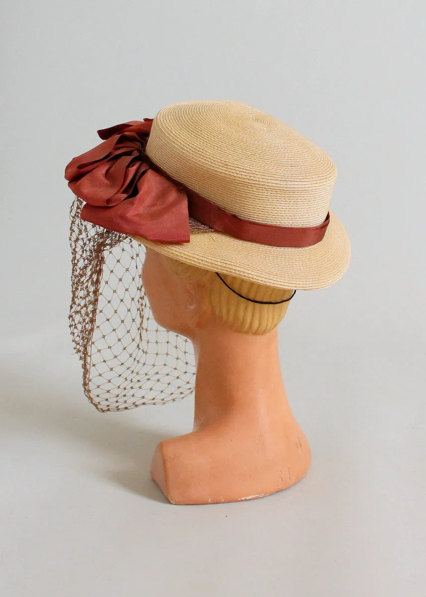 Vintage 1940s Straw Boater Hat with Bows and Face Veil