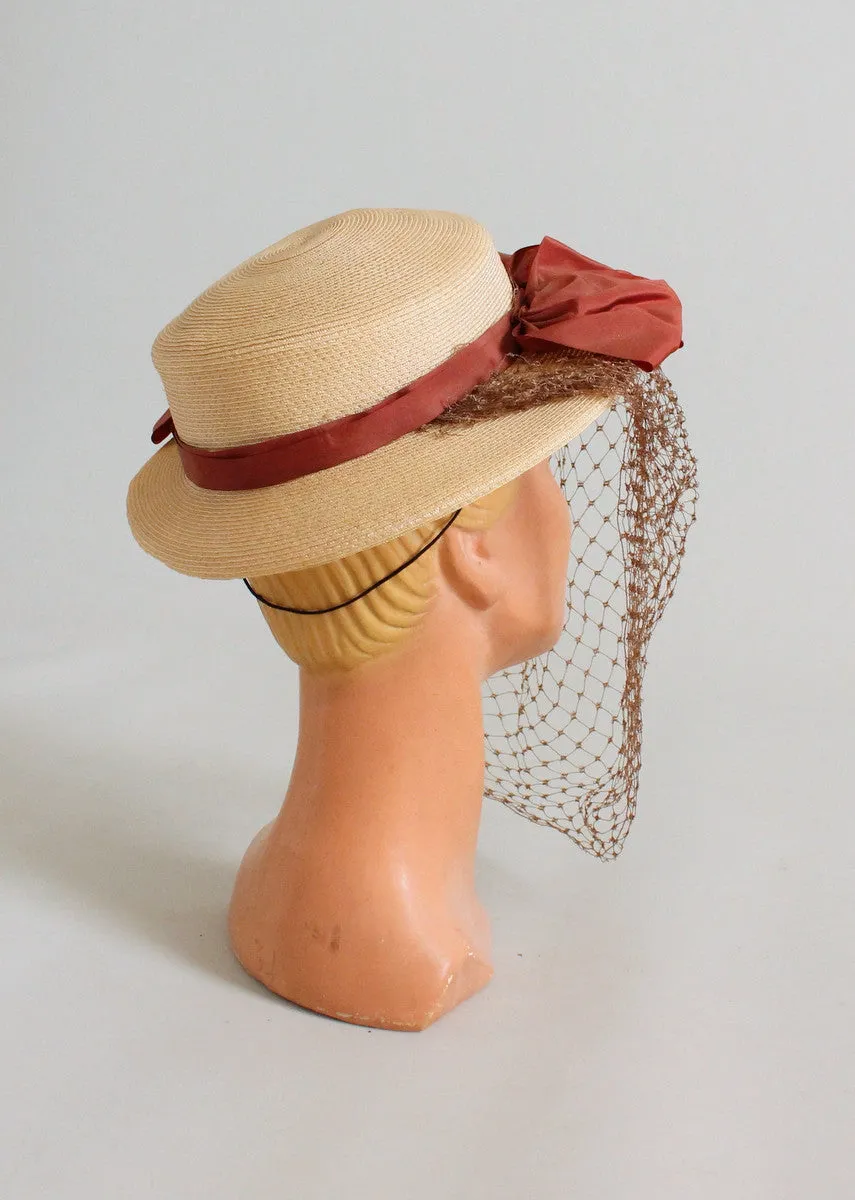 Vintage 1940s Straw Boater Hat with Bows and Face Veil