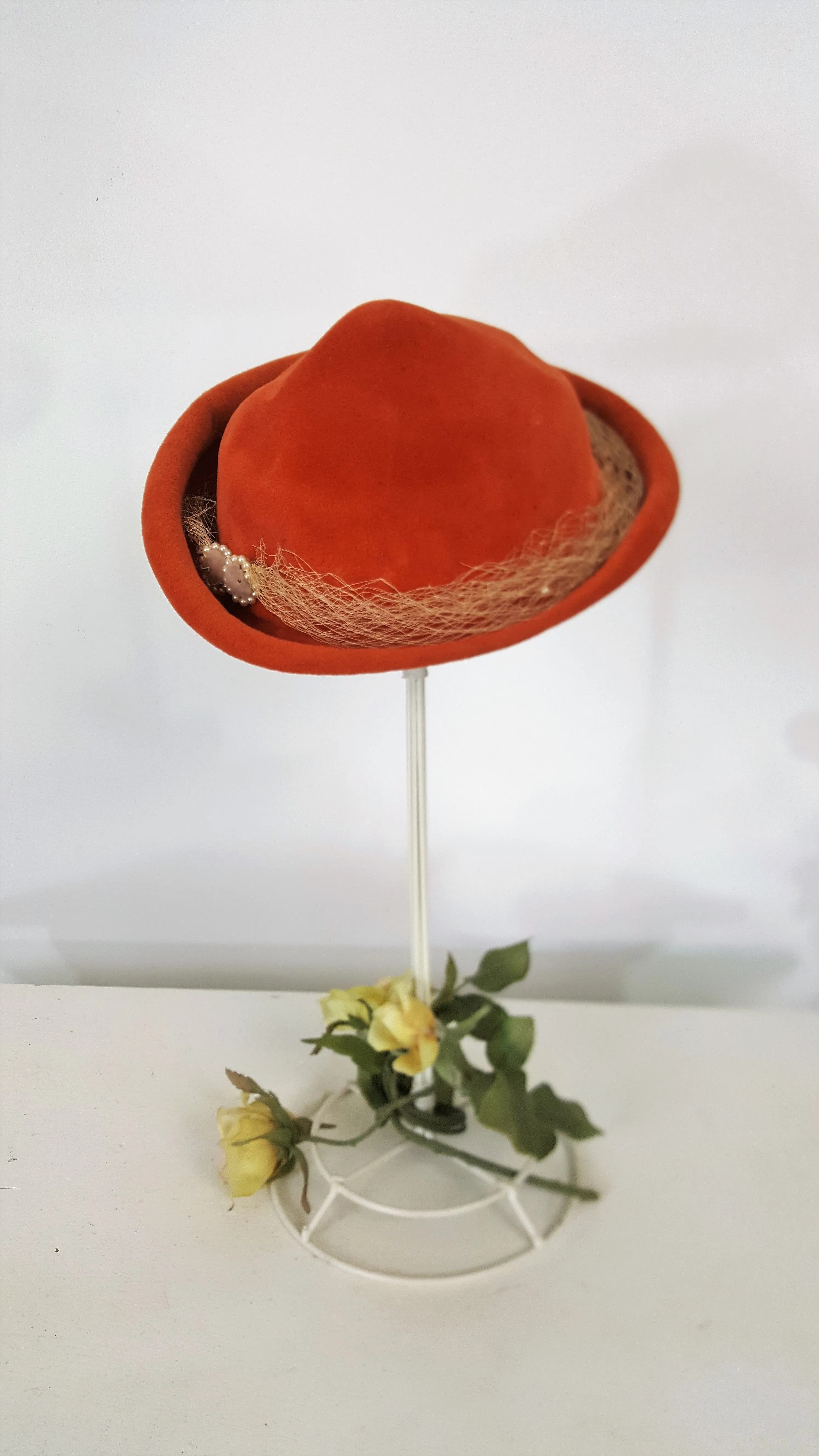 Vintage 1950s Dark Orange Wool Felt Hat with Birdcage Veil And Pearl Trim