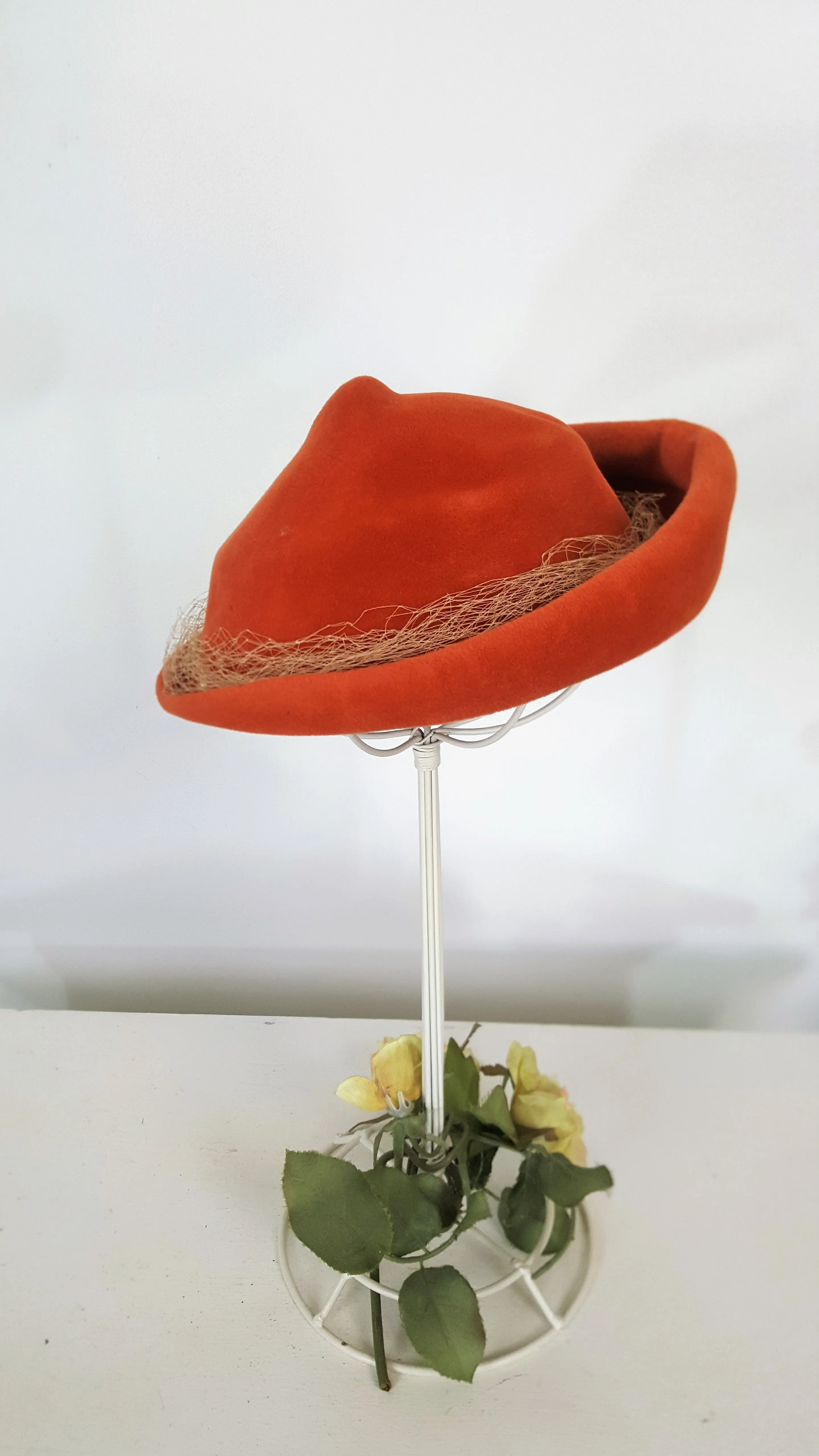 Vintage 1950s Dark Orange Wool Felt Hat with Birdcage Veil And Pearl Trim