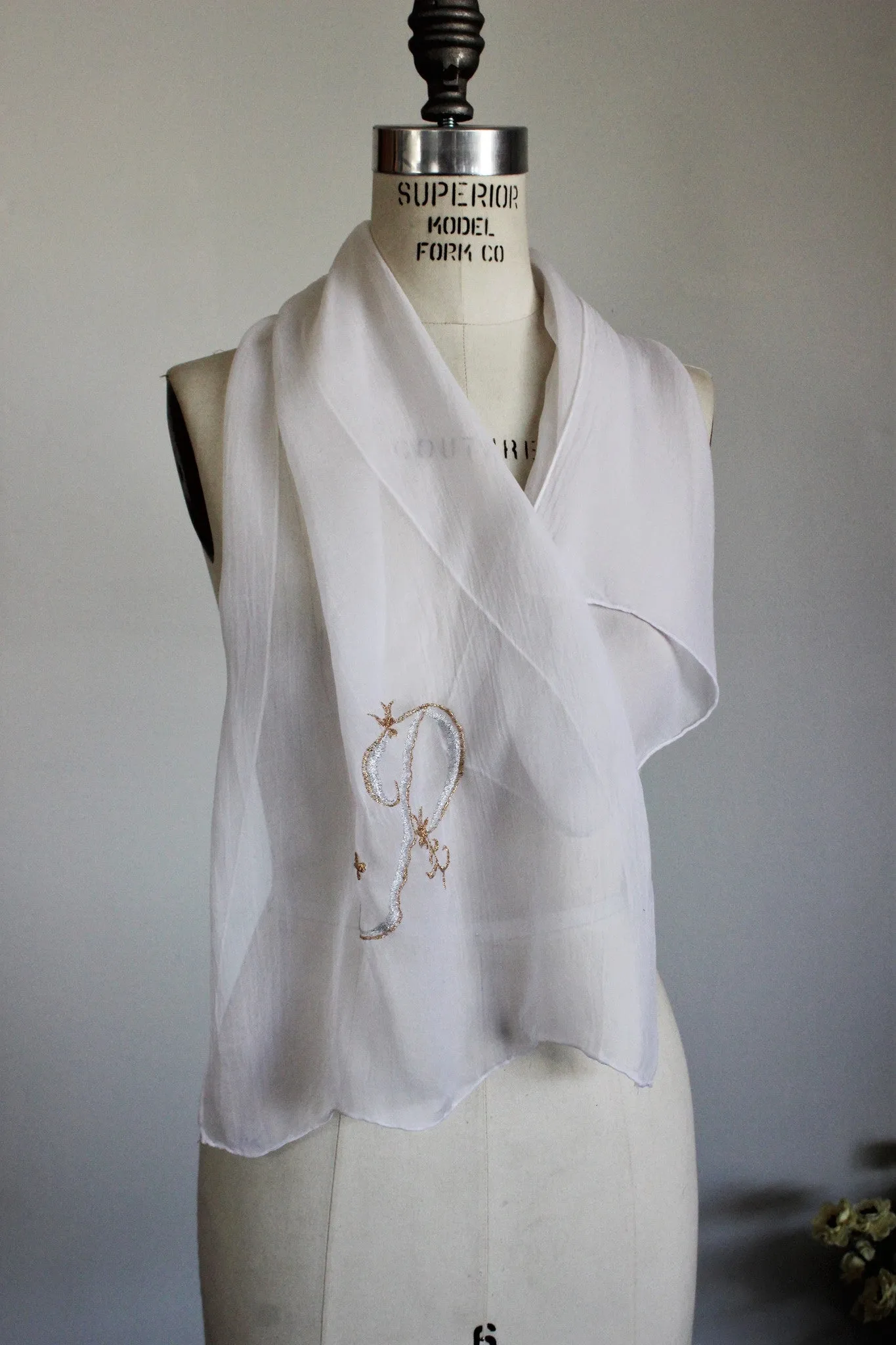 Vintage 1950s White And Gold Scarf With Monogrammed P