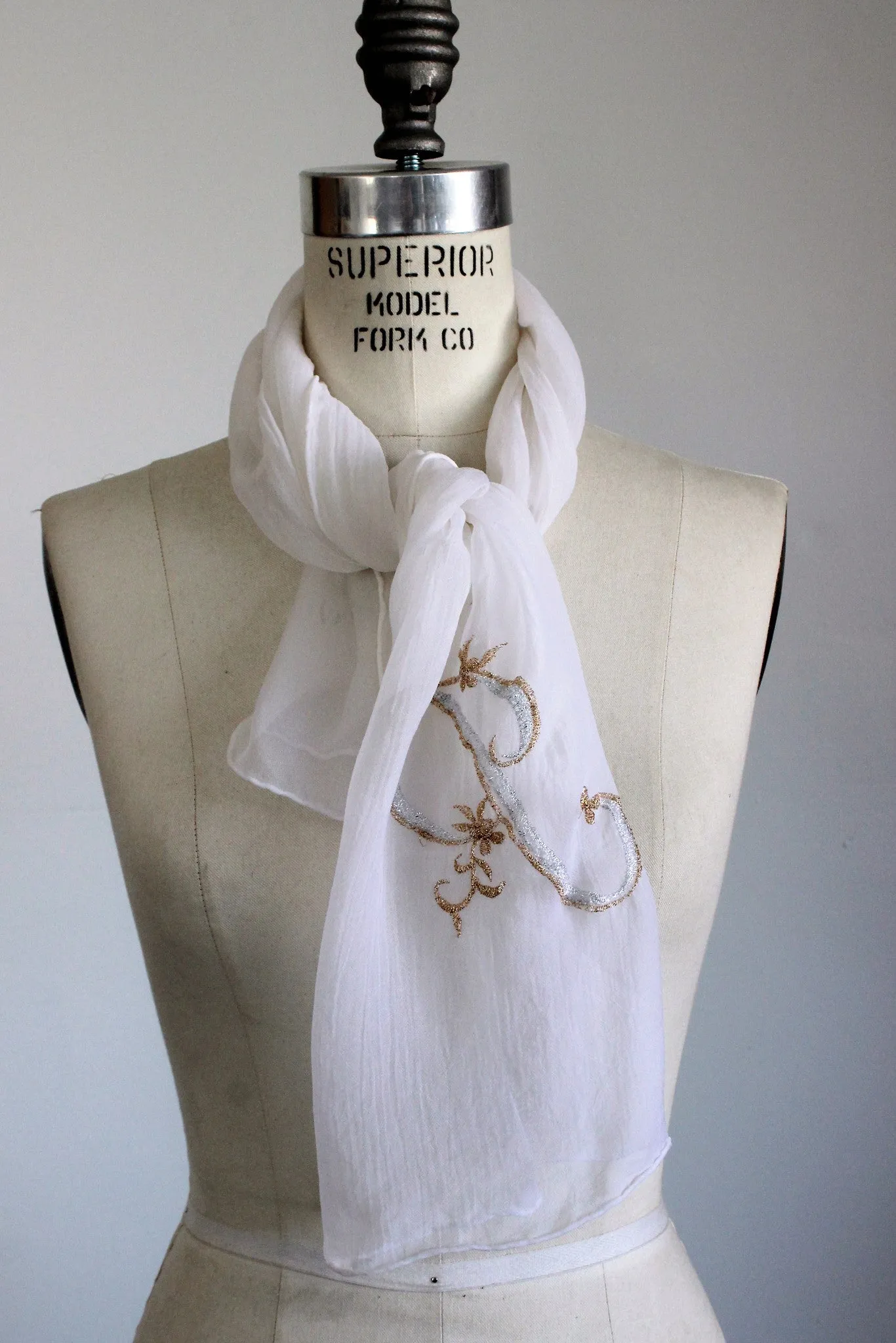 Vintage 1950s White And Gold Scarf With Monogrammed P