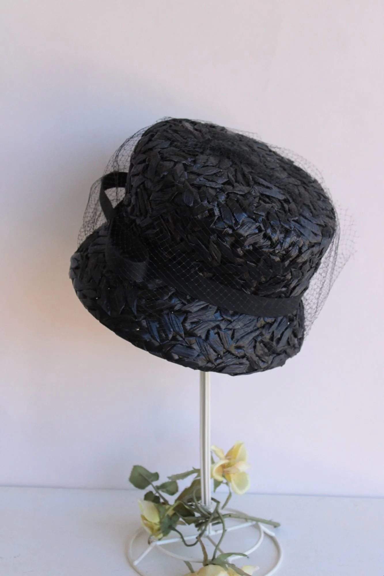 Vintage 1960s Original by Dayne Black Straw Bucket Hat With Veil