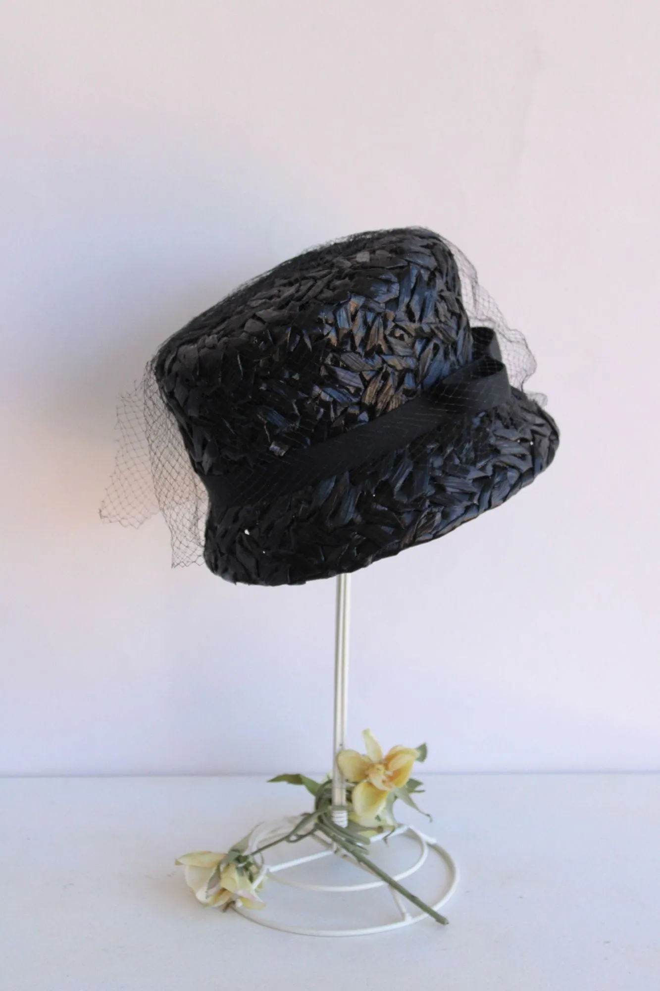 Vintage 1960s Original by Dayne Black Straw Bucket Hat With Veil