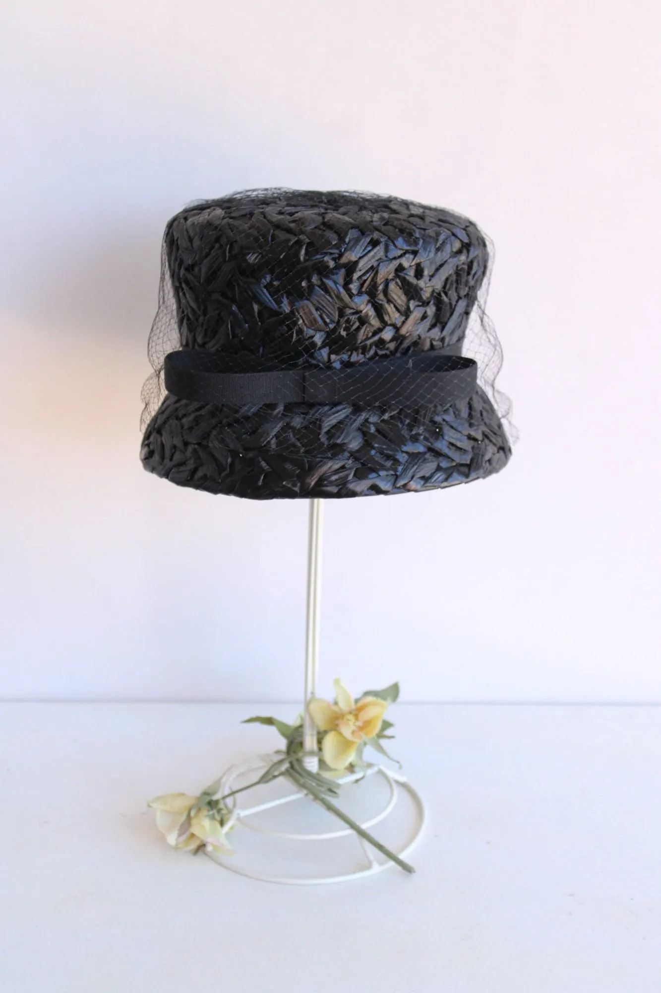 Vintage 1960s Original by Dayne Black Straw Bucket Hat With Veil