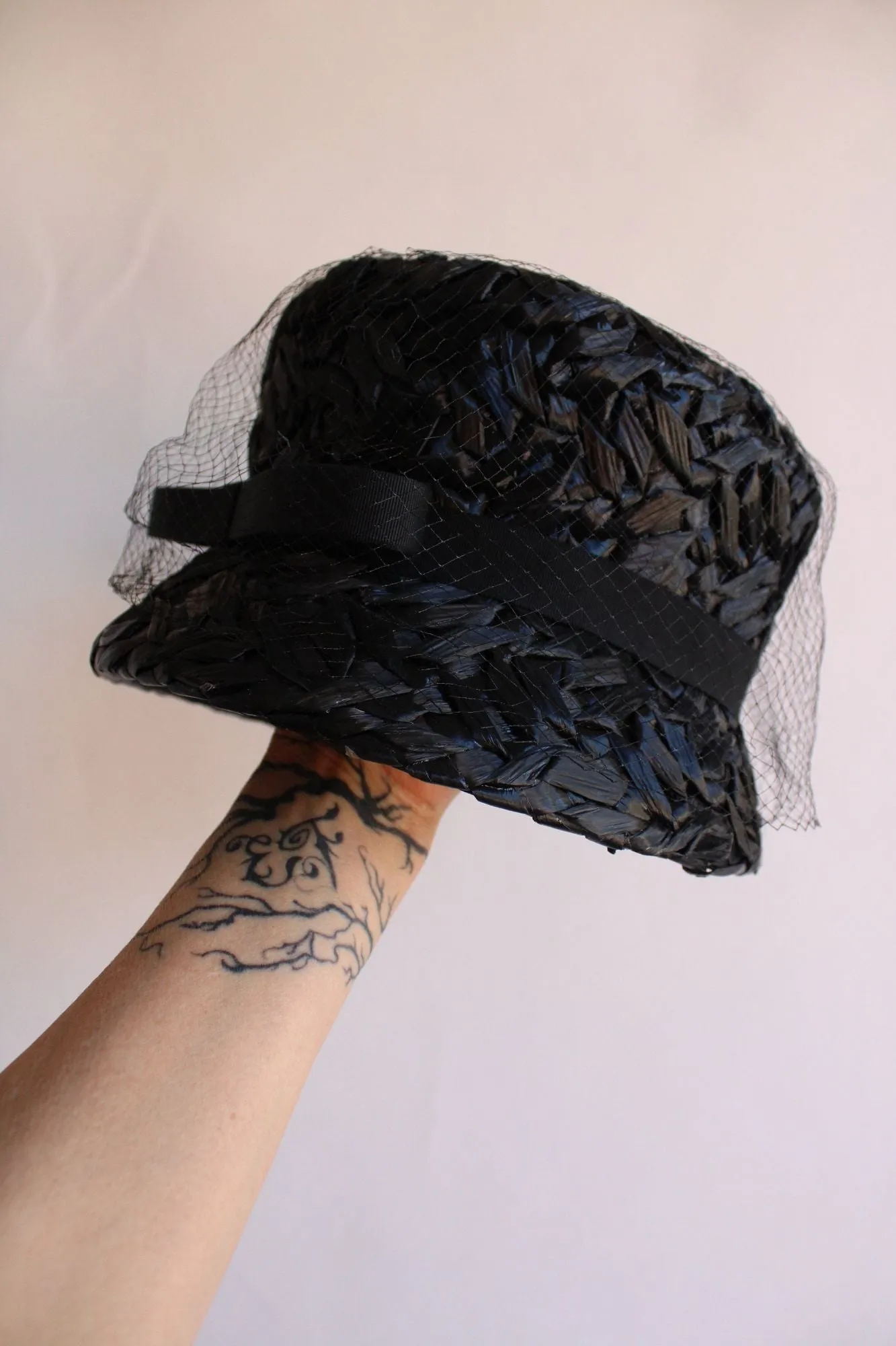 Vintage 1960s Original by Dayne Black Straw Bucket Hat With Veil