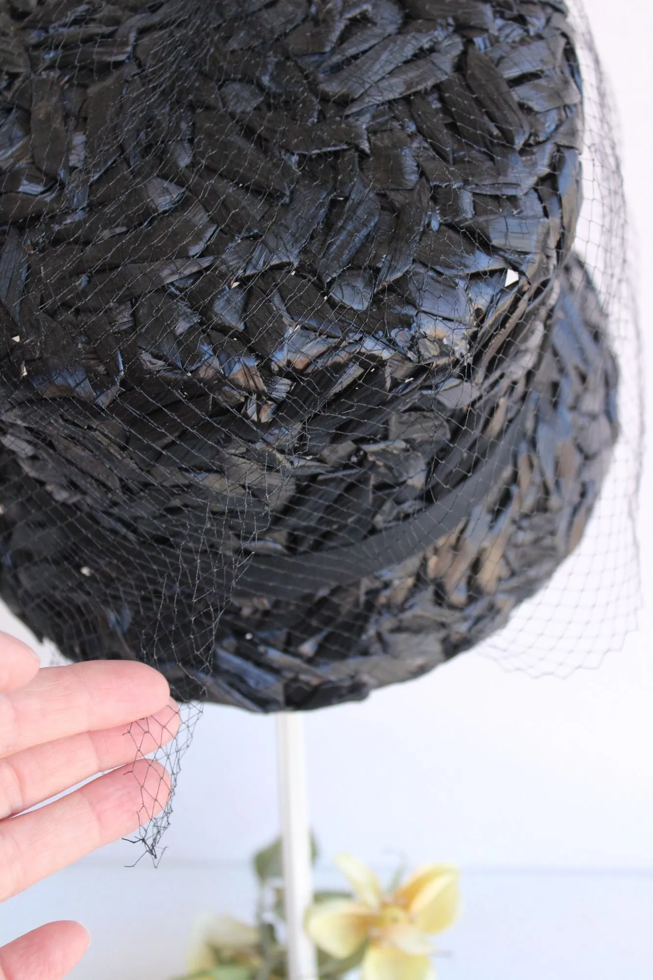 Vintage 1960s Original by Dayne Black Straw Bucket Hat With Veil