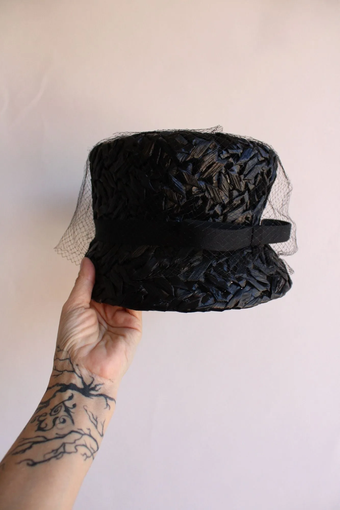 Vintage 1960s Original by Dayne Black Straw Bucket Hat With Veil