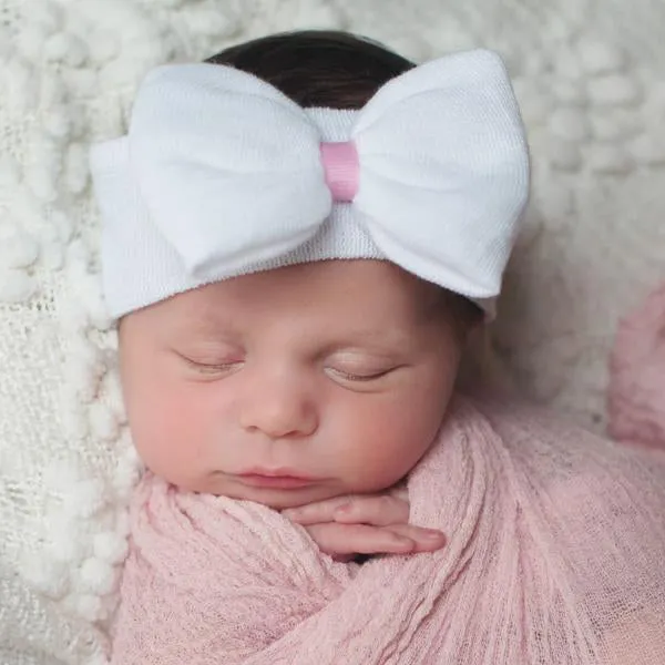 White Newborn Baby Girl Nursery Bow Headband with Pink or White Ribbon Center