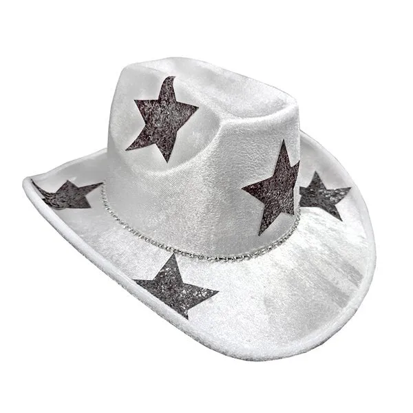 White Satin Festival Cowboy Hat with Metallic Silver Stars