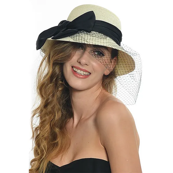 Women Straw Church Cloche Hats with Veil