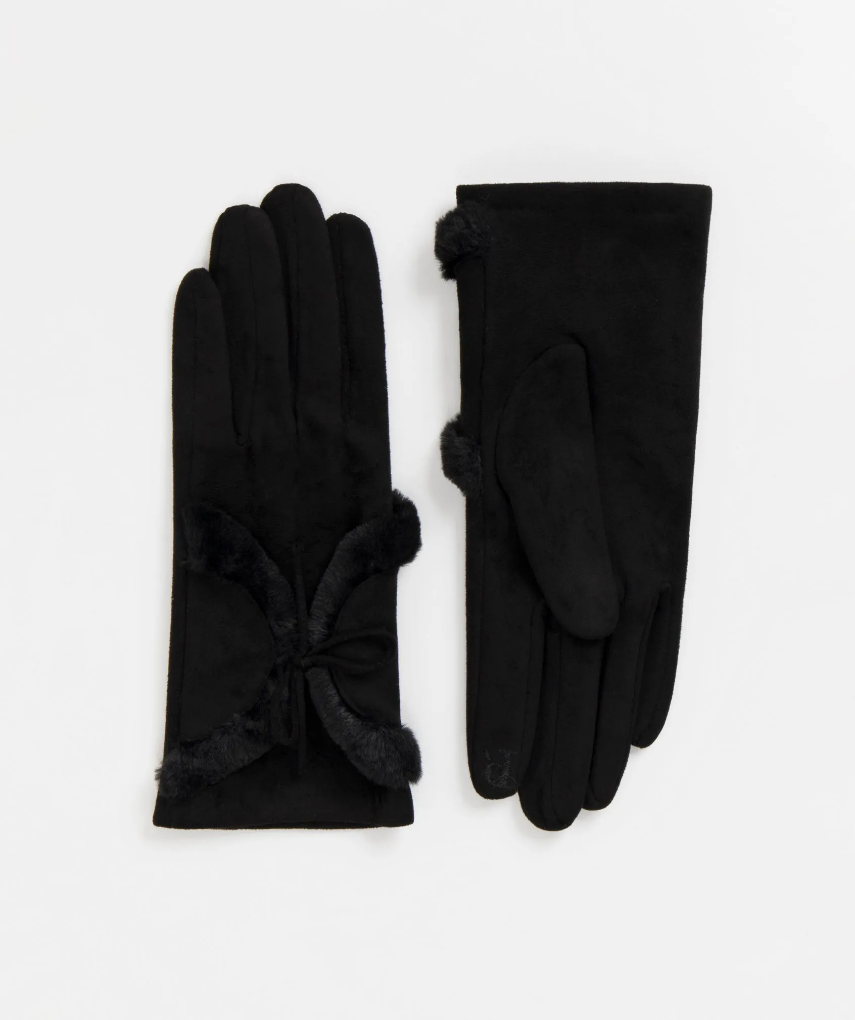 Womens Black Faux Suede Gloves with Faux Fur Styling